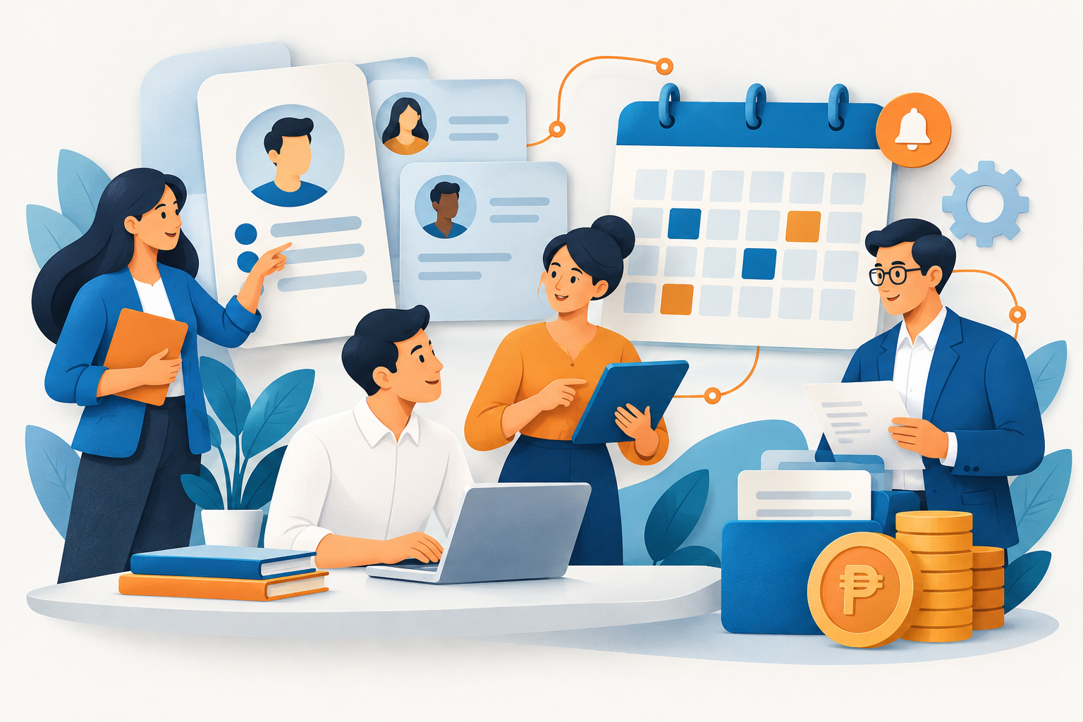 Concept illustration of employee records, calendars, and payroll workflows.
