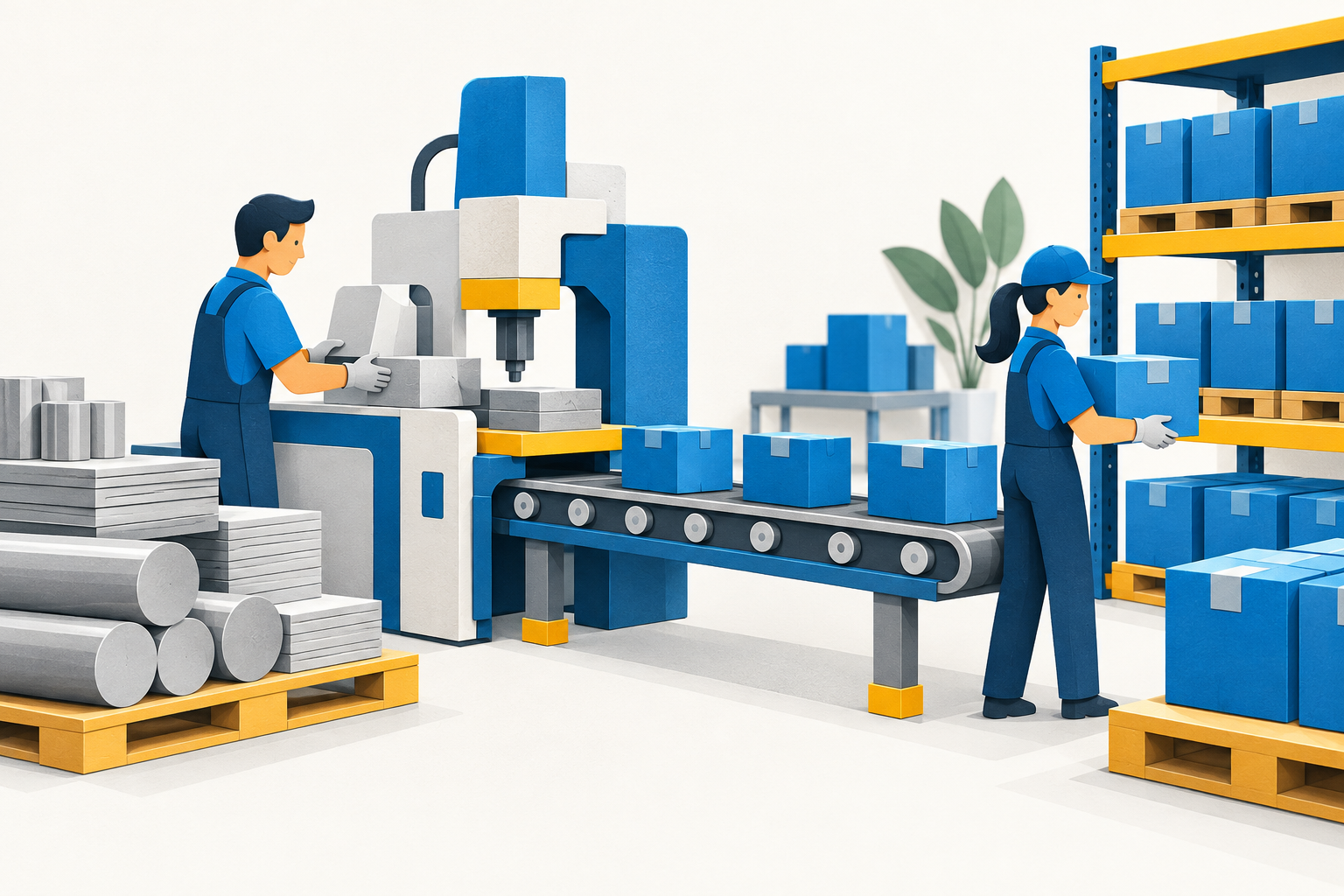 Concept illustration of materials, production, and finished goods.